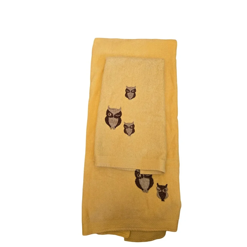 Vintage Yellow Embroidered Owl Towel Set Bath Hand Towel Martex   USA Retro